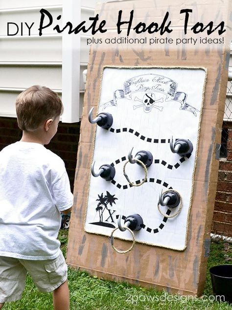 Pirate Ring Toss Game Diy, Pirate Hook Ring Toss, Homemade Pirate Costumes, Pirate Halloween Party, Diy Pirate, Pirate Hook, Pirate Themed Birthday Party, Birthday Party Diy, Pirate Themed Birthday