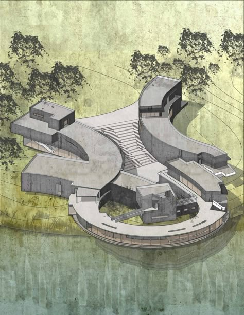 This project is located at the Forest Park in St. Louis. The configuration of the building formed with beautiful curve which changing with the topography and also response to the surrounding environment. The main observation area of this building is floating on the water with some concrete... Villa Architecture, Water Architecture, Concept Models Architecture, Conceptual Architecture, Architecture Concept Diagram, Architecture Design Drawing, Architecture Design Sketch, Architecture Model Making, Architecture Building Design