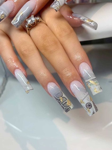 50 Cent Inspired Nails, Money Design Nails, Water Design Nails, Dollar Nails Designs, Nails With Money, Dollar Bill Nails, Money Nails Designs Ideas, Money Acrylic Nails, Money Nails Acrylic