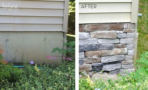 adding stone veneer to a concrete foundation wall, concrete masonry, outdoor living, porches Stone Veneer Exterior Garage, Faux Brick Panels Exterior, Rock Foundation Ideas, Rock Siding On House, Faux Exterior Stone, Airstone Exterior, Brick Foundation Exterior, Exterior Stone Wall Cladding, Stone Panels Exterior