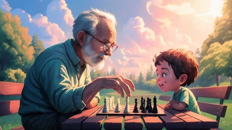 Scene showing a grandfather teaching his grandson to play chess in a park Grandfather And Grandson, Play Chess, A Park, Chess, To Play, Lego