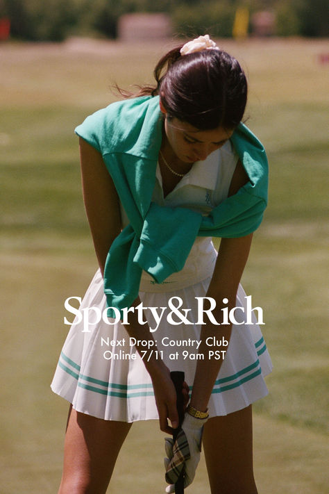 Next Drop: Country Club Discover new exclusive pieces inspired by golf and tennis aesthetics. Online on Thursday, July 11th at 9 am PST Rich Sport Aesthetic, Fitted Polo Outfit, 80s Tennis Outfit, Preppy Country Club Outfit, Country Club Theme Outfit, Country Vs Country Club Outfits, Country Club Aesthetic Outfits, Sporty And Rich Outfit, Golf Clothes Women