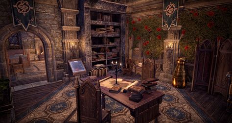 Medieval Office Concept Art, Dnd Office Art, Medieval Study Room, Medieval Office, Eso Houses, Fantasy Study, Fantasy Office, Royal Office, Eso Housing