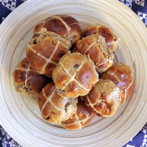 Hot Cross Buns (Gluten Free - No Psyllium) with Apple Cherry & Sultana Gluten Free Hot Cross Buns, Tea Time Treats, Tear And Share Bread, Sweet Scones, Psyllium Husk, Glace Cherries, Gluten Free Flour Blend, Hot Cross Buns, Bread Bun