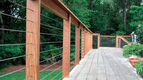 Stained Deck Ideas, Modern Decks, Stained Deck, Wood Deck Railing, Home Fence, Outside Landscaping, Curved Deck, Cable Railing Deck, Brick Colonial