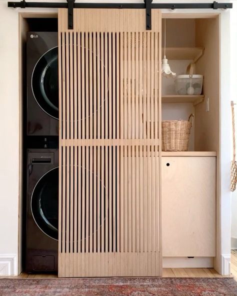 Washer Dryer Laundry Room, Stackable Laundry, Ideas Armario, Louvre Doors, Laundry Doors, Stacked Laundry Room, Modern Wooden Doors, Stackable Washer And Dryer, Doors Wooden