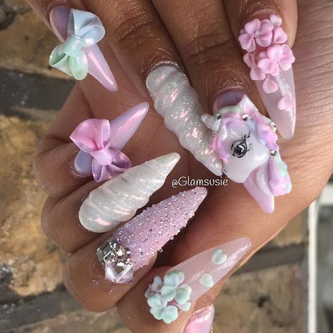 3d Unicorn Nails Unicorn Nails Designs, Unicorn Nail Art, 3d Acrylic Nails, 3d Nail Designs, 3d Nail Art Designs, Rose Nail Art, Unicorn Nails, Creative Nail Designs, Nail Art Wedding