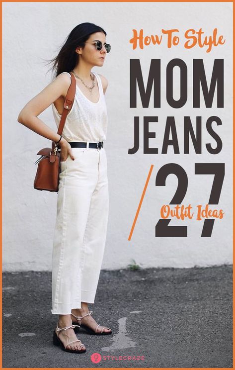 How To Style Mom Jeans – 27 Outfit Ideas #fashion White Mom Jeans Outfit Winter, How To Style Mom Jeans High Waist, How To Dress Up Mom Jeans, What To Wear With Mom Jeans, High Waist Mom Jeans Outfits, White Mum Jeans Outfit, Mom Jeans Outfit Work, How To Wear Mom Jeans Outfits Over 40, How To Wear Mum Jeans