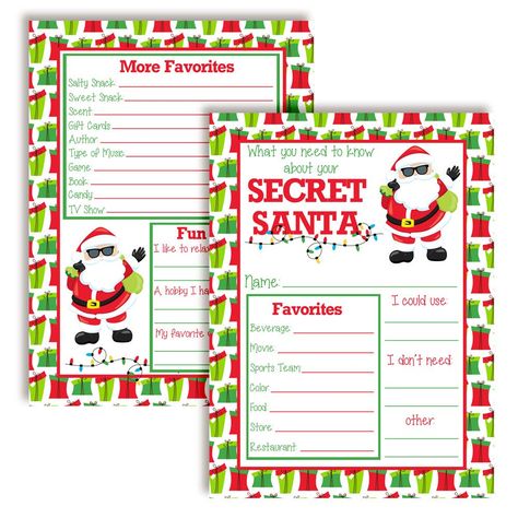 PRICES MAY VARY. Cuteness Overload: Designed by a talented mom, these festive cards feature an adorable Santa with a fun background of holiday gifts! Looking for a fun way to learn more about your Secret Santa recipient? These are perfect for remembering the reason for the season and also having fun with your gift exchange! Everyone will have a blast looking for items that their Secret Santa recipient will really enjoy and appreciate. Amanda Creation. Original design by Amanda Creation Awesome Q Secret Santa Game, Santa Games, Creation Activities, Secret Santa Gift Exchange, Gift Card Exchange, Fill In The Blank, Miniature Gift, Holiday Christmas Gifts, Gift Exchange