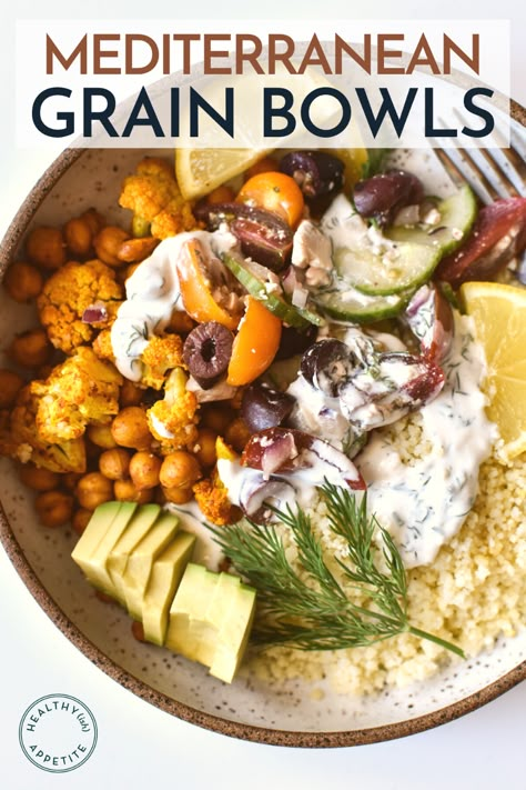 Dinner Bowl Ideas, Mediterranean Bowls, Homemade Tzatziki Sauce, Bowls Recipes, Homemade Tzatziki, Healthy Bowls Recipes, Mediterranean Meals, Power Bowls, Grain Bowls