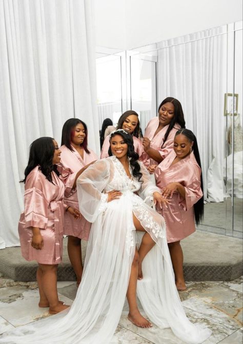 Bridesmaids Robes Pictures Wedding Day, Getting Ready Wedding Photos Black Bride, Bridal Shower Ideas Black Women, Bridesmaids Robes Pictures, Glam Bridesmaid Dresses, Bride And Bridesmaid Robes, Bride Shots, Glam Bridesmaid, Bride And Bridesmaid Pictures