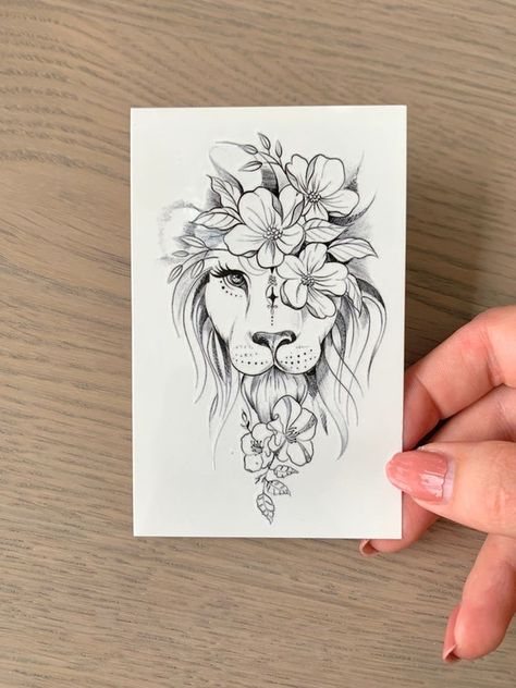 Lion Flower Tattoo, Lion Tattoo With Flowers, Flower Tattoo Stencils, Lion Flower, Lion Tattoos, Tattoos Inspiration, Temp Tattoo, Floral Tattoo Design, Lion Face