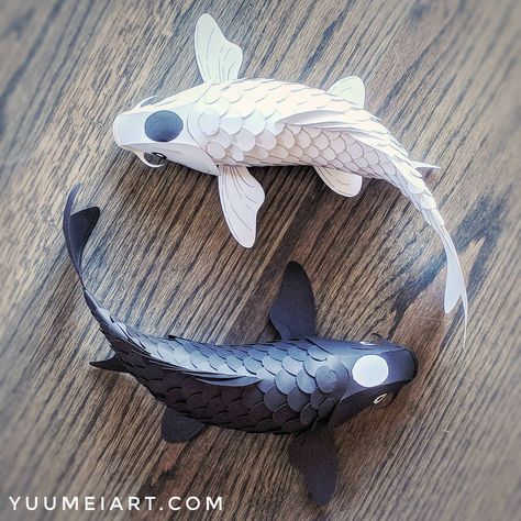 I designed some posable koi made only from paper, no glue or tape. They can bend in any direction. Koi Fish Template, Paper Koi Fish, Fish Paper Craft, Yuumei Art, Butterfly Koi, Yin Yang Koi, Fish Template, Paper Fish, Origami Fish