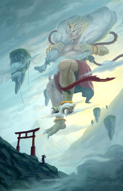 ArtStation - Fujin - God of Wind, Thai Vo Fujin God Of Wind, Japanese Fantasy Art, Thai Mythology, God Of Wind, Asian Gods, Wind God, Japanese Mythology, Japanese Drawings, Eastern Art