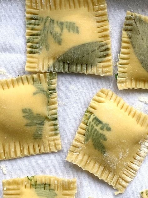 Four Cheese Ravioli with Herb Embedded Pasta - Proud Italian Cook Homemade Ravioli Recipe Filling, Large Ravioli, Ravioli Aesthetic, Ravioli Recipe Filling, Herb Pasta Recipe, Laminated Pasta, Homemade Ravioli Recipe, Handmade Pasta Recipe, Cooking Vision Board