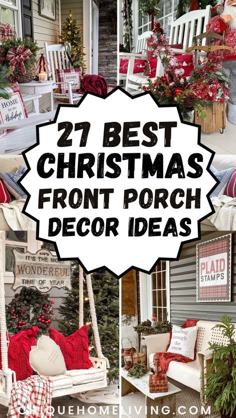 Transform your porch into a winter wonderland with our Essential Guide to Designing Your Perfect Porch for Christmas Decor! 🎄❄️ From cozy wreaths to twinkling lights, we've got you covered. #ChristmasDecor #PorchGoals #WinterWonderland #HolidayInspo #DeckTheHalls #FestiveFrontPorch #CozyChristmas #DIYDecor #HolidayHome #MerryandBright Christmas Decor Sled, Outdoor Porch Decor Christmas, Christmas Decorated Front Porch, Christmas Front Porch Railing Decor, Christmas Porch Bench Decorating Ideas, Rustic Christmas Front Porch Ideas, Traditional Christmas Porch Decor Ideas, Farmhouse Porch Christmas Decor, Decorating Porch For Christmas