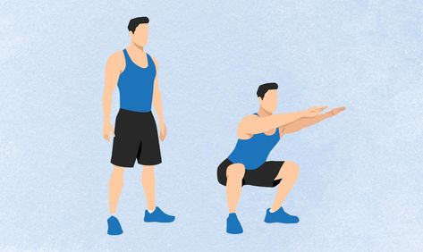 an illo of a man doing a bodyweight squat Squat Hold, Weight Bearing Exercises, Bone Strength, Leg Day Workouts, Body Challenge, Adjustable Dumbbells, Big Muscles, Core Muscles, Lower Body Workout