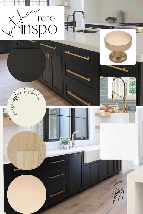 Black Kitchen Cabinets Light Wood Floors, Black White Wood And Gold Kitchen, Black Kitchen With White Island, White Kitchen Cabinets With Urbane Bronze Island, Black Kitchen Quartz Countertops, Black Cabinet Countertop Ideas, Espresso Kitchen Cabinets With Gold Hardware, Black Cabinets Brushed Gold Hardware, Kitchens With Black Cabinets Farmhouse