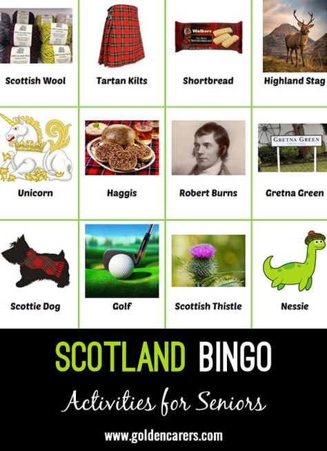 Scotland Bingo: Residents will love learning more about Scotland, or celebrating their Scottish heritage, with this fun BINGO game. World Thinking Day, United Kingdom Travel, Images And Words, Bingo Games, Free Activities, Scottish Heritage, Scotland Travel, Bingo, Scotland