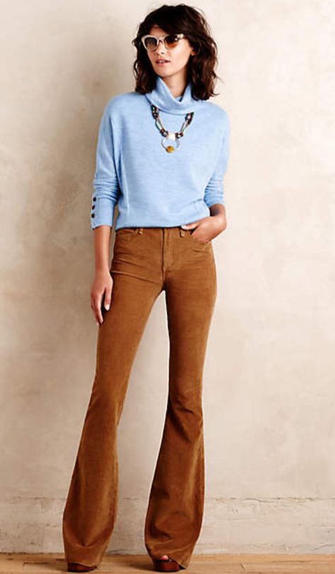 Reverse color scheme - crop lt blue cords w/ camel mohair tank Camel Pants Outfit, Brown Jeans Outfit, Brown Pants Outfit, Corduroy Pants Outfit, Brown Pants, Classic Fashion, Fall 2024, Fall Winter Outfits, Work Fashion