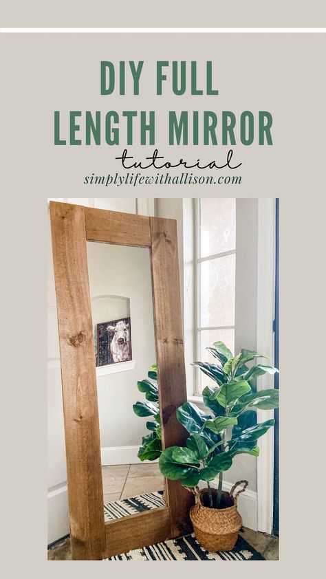 Using a cheap $5 mirror, I transformed it into a full length mirror! This is an easy diy and doesn't take long. Make Frame For Mirror, Decorating With Full Length Mirrors, Diy Full Length Mirror Ideas, Mirror Redo Diy, Full Length Mirror Hallway, Farmhouse Full Length Mirror, Full Length Mirror Diy, Rustic Full Length Mirror, Mirror Redo