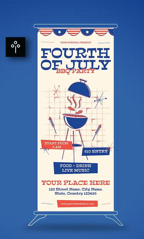 Mid Century Fourth Of July BBQ Party Banner Template AI, EPS, PSD Barbeque Illustration, Bbq Poster, Billboard Ideas, Fourth Of July Bbq, Food Festival Poster, Party Banner Template, Festival Logo, Fashion Banner, How To Make Banners