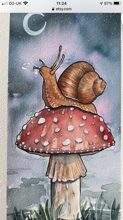 Acorn House Drawing, Snail On Mushroom Drawing, Snail Drawings, Mushroom With Snail, Mouse And Mushroom, Mushroom Painting Ideas, Loose Watercolor Paintings, Woodland Animal Art, Snail Art