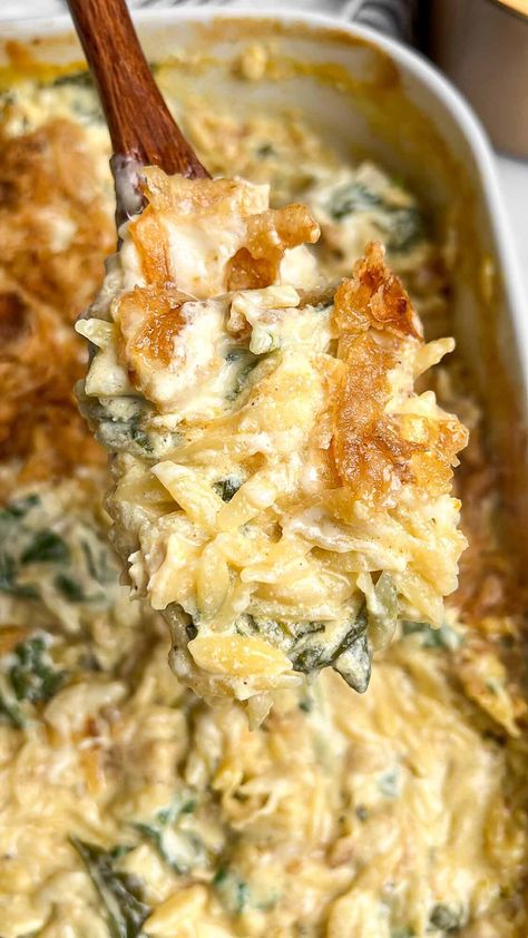 monterey chicken orzo on a spoon Baked Chicken Orzo Recipes, Orzo Pasta Bake, Dump And Bake Tuscan Chicken Orzo Meals And Munchies, Merry Me Chicken Orzo, Baked Chicken And Orzo, Baked Orzo Recipes, Orzo Chicken Bake, Marry Me Chicken Orzo, One Pan Chicken Orzo Bake