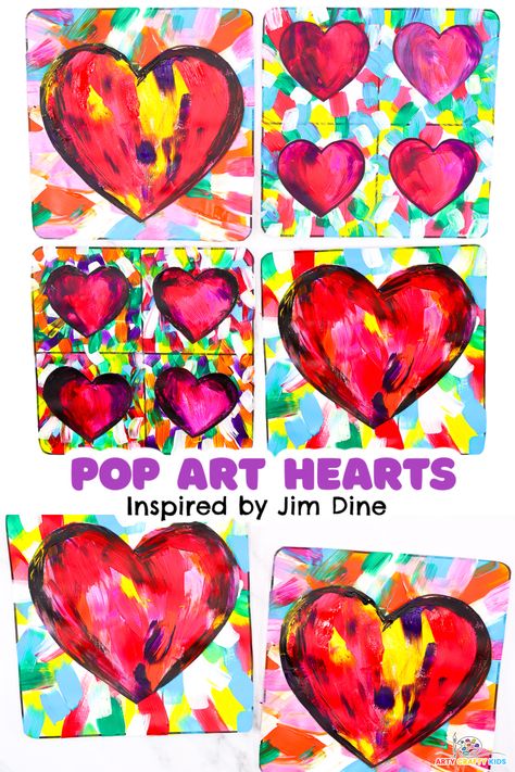 Vibrant and playful heart art created by kids! Explore a burst of colors and unique heart motifs in this easy pop art project inspired by Jim Dine. Perfect for encouraging creativity and emotional expression. Discover the joy of painting with our easy-to-use heart templates! Heart Art For Kindergarten, Jim Dine Art Projects For Kids, Valentines Art Projects For Kids, Heart Art Projects For Kids, Easy Pop Art, Jim Dine Hearts, Heart Art Lesson, Jim Dine Art, Heart Pop Art