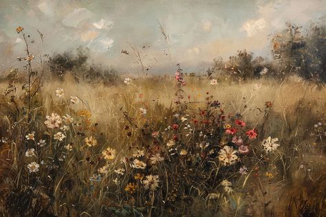 Vintage Oil Painting of Wildflowers Old Painting Wallpaper Desktop, Old Paintings Wallpaper Pc, Old English Landscape Paintings, Vintage Style Artwork, Pastoral Landscape Paintings, Vintage Art Horizontal, Nature Paintings Aesthetic, Landscape Vintage Painting, Old Time Paintings