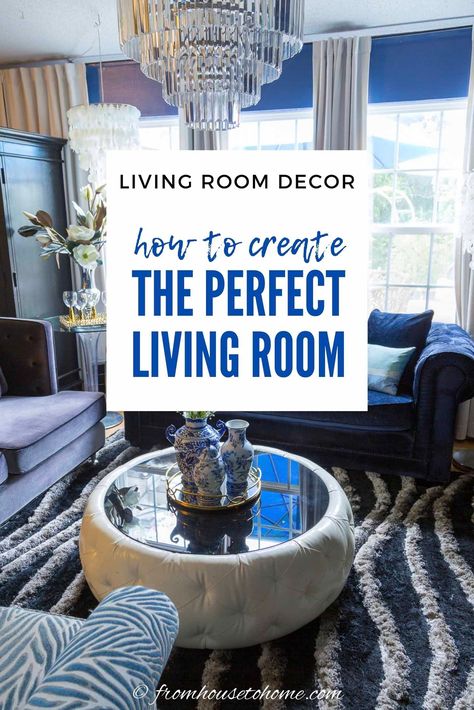 I love these living room decorating ideas! The tips for furniture layout and where to place the couch and chairs are so helpful and will work for small rooms, too. #fromhousetohome #decoratingtips #livingroom #mylivingroommoodboard Glam Living Room With Blue Sofa, Small Glam Living Room, Glam Living Room Ideas, Couch And Chairs, Living Room Living Room, Modern Contemporary Living Room, Living Room Decorating, Sewing Room Storage, Interior Decorating Tips