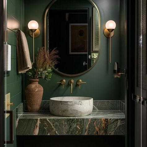 - Studio Own Architecture - (@own_architecture) • Instagram photos and videos Bathroom With Green Walls, Dark Powder Room, Green Powder Room, Small Space Bathroom Design, Dark Green Bathrooms, Architect Studio, Farmhouse Architecture, Bathroom Inspiration Modern, Powder Room Design