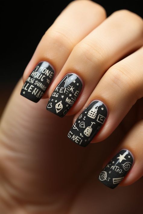 Looking for some long nail inspo? Check out these back to school nails with a twist of creativity! Get your teacher nails designs on point with this retro chalkboard masterpiece. Don't miss out on more nail art inspiration – make sure to follow us! 💅📚✨ Teacher Nails Designs, Classroom Vibes, Teacher Nails, Retro Classroom, Chalkboard Nails, Classroom Style, Back To School Nails, Long Nail, School Nails