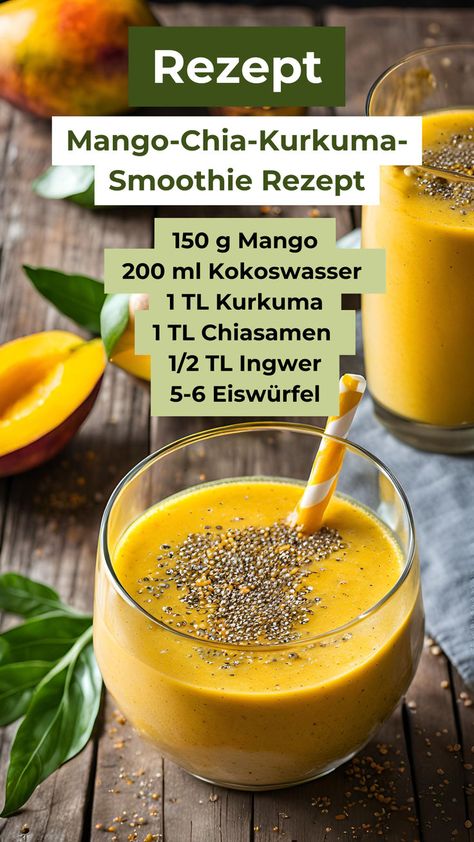 Dieser Mango-Chia-Kurkuma-Smoothie ist perfekt, um deine Haut zu pflegen und Entzündungen vorzubeugen! Workout Smoothies, Mango Smoothie, Workout Supplements, Chia, Healthy Food, Smoothie, Mango, Spa, Healthy Recipes