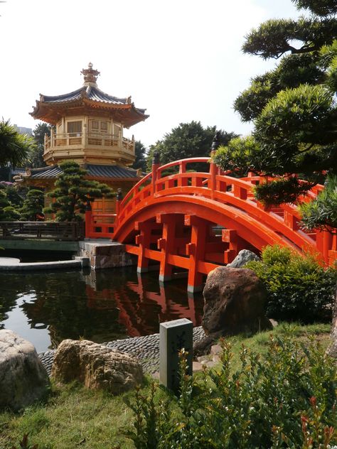 cc  Golden Pavilion and Orange Bridge, Nan Lian Gardens Hong Kong Chinese Buildings, Chinese Places, Japanese Buildings, Japanese Bridge, Golden Pavilion, Japanese Castle, Japan Architecture, Chinese Festival, Japanese Garden Design