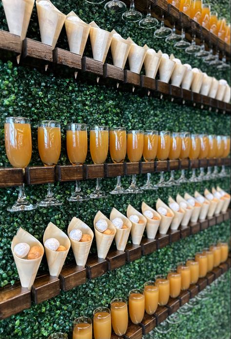 Can't decide if you want a Champagne wall or Dessert wall? Do it like the Danielson's! Apple Cider Mimosas & Donut Holes 🍎🥂🍩 #champagnewall #champagnewallrental #michiganweddings #miweddingrentals #midmichiganweddings #bridetobridemichigan Champagne Walls, Cider Mimosa, Dessert Wall, Cider Mimosas, Mimosa Flowers, Apple Cider Mimosa, Cakes With Flowers, Champagne Wall, Mimosa Flower