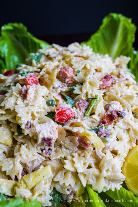 A yummy pasta salad recipe made with chicken, bacon, artichokes and tomatoes!  |  My Name Is Snickerdoodle Yummy Pasta Salad, Chicken Artichoke Pasta, Artichoke Pasta Salad, Chicken Artichoke, Artichoke Salad, Yummy Pasta, Artichoke Pasta, Zoodle Recipes, Artichoke Chicken