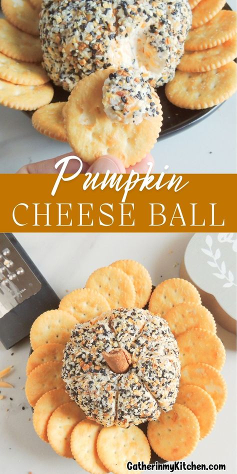 Host the ultimate Halloween party featuring a Halloween Cheese Ball shaped like a pumpkin. This simple recipe involves cream cheese, cheddar cheese, and everything bagel seasoning for a delicious taste. Create this festive treat in no time and impress your guests with its creative presentation. Pumpkin Themed Food For Party, Fall Cheeseball, Everything Cheese Ball, Pumpkin Cheeseball, Cheese Ball Pumpkin, Halloween Pumpkin Cheese Ball, Pumpkin Cheese Ball, Cheeseball Recipes Pumpkin, Pumpkin Shaped Cheese Ball