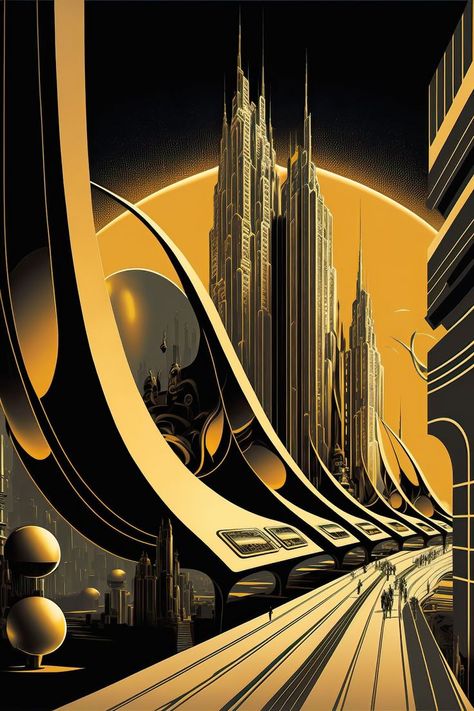 Artist ~ Micell A. Retro Sci Fi Art Wallpaper, Art Deco Sci Fi, Japanese Futurism, Utopian Art, Futurism Art, Art Deco Artwork, 70s Sci Fi Art, Train Art, Futuristic Art