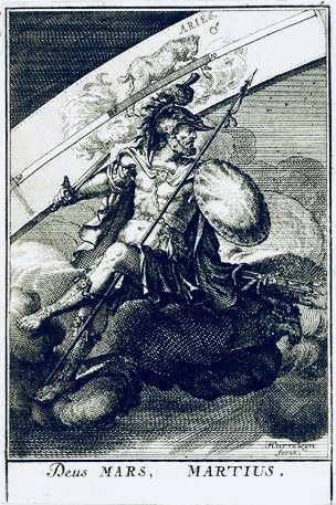 Plate 4: March. The Roman god Mars seated on a cloud at centre, in armour and holding a sword and a spear; the zodiacal sign of Aries beyond. 1698 Engraving. Print made by: Jacobus Harrewyn . Published by: Willem Koning. Hellenistic Art, Roman Painting, Roman Myth, Engraving Tattoo, Pagan Gods, Venus And Mars, Roman Gods, Ancient Statues, Art Web