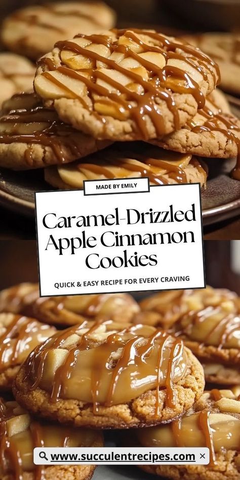 Delight in these Soft and Chewy Caramel Apple Cinnamon Cookies! The perfect balance of apple and cinnamon flavors topped with silky caramel makes these cookies a must-bake this season. Apple Cinnamon Cookies, Big Family Gathering, Perfect Roast Turkey, Chewy Caramel, Apple And Cinnamon, Cinnamon Nuts, Savory Sides, Caramel Drizzle, Cookies Soft