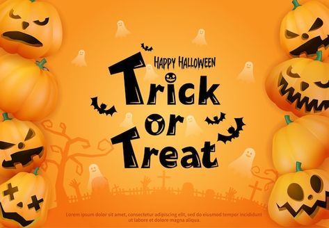 Trick or treat greeting card with pumpki... | Premium Vector #Freepik #vector #night #autumn #background #orange Trick Or Treat Background, Trick Or Treat Clipart, Trick R Treat Poster, Trick Or Treating Illustration, Trick Or Treat Sticker, Orange Background, Pumpkin Orange, Vector Photo, Cute Illustration