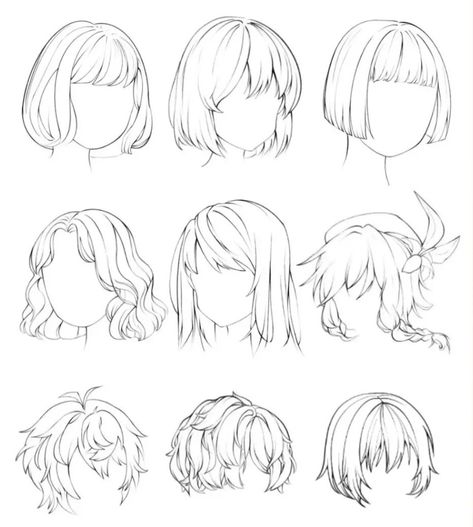 Bangs Hairstyles Drawing Reference, Drawing Hair With Bangs, Female Bangs Drawing Reference, Hair Bangs Reference Drawing, How To Draw Hair Woman, Different Types Of Bangs Drawing, Hair Drawing With Bangs, Fashion Illustration Hairstyles Sketches, Anime Bob Haircut