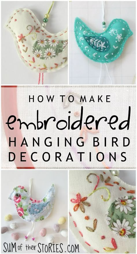 How to make Embroidered Hanging Bird Decorations Embroidered Bird Ornaments, Bird Ornaments Pattern, Wool Embroidery Projects, Fabric Birds Diy, Felt Embroidery Projects Wool Applique, Embroidering On Felt, Hand Stitched Birds, Embroidered Birds Free Pattern, Regency Era Embroidery