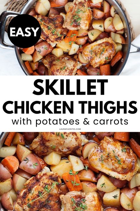 You're going to love these flavorful skillet chicken thighs with crispy skin and a delicious pan sauce served with potatoes and carrots. Easy Chicken Thighs, Recipes With Velveeta Cheese, Healthy Skillet, Skillet Chicken Thighs, Dinners Chicken, Potatoes And Veggies, Easy Skillet Chicken, Chicken Carrots, Easy Chicken And Rice