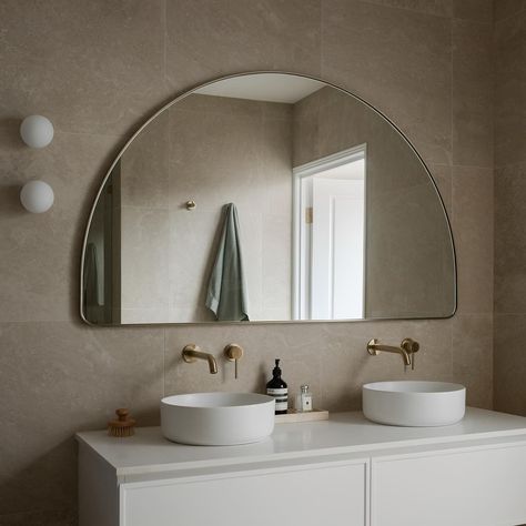 A moment for our Studio XL Wide Wall Arch Mirror, Brass - featured in @villa_cascata bathroom earlier this year. 🫶 #BathroomDesign #CustomMirrors #BathroomDecor #BathroomInspo #LuxuryBathroom #MirrorDesign #BathroomStyling #HomeSpa #BathroomGoals #BathroomRenovation #InteriorDesign #BathroomIdeas #CustomBathroom #VanityMirror #MirrorGoals #ModernBathroom #HomeDecor #BathroomInspiration #DesignerBathroom #BathroomVibes #InteriorInspo #BathroomStyle #MirrorMagic #StylishBathroom #BathroomMakeover Arch Bathroom Mirror, Studio Mirrors, Arch Mirror Bathroom, Arch Mirrors, Studio Mirror, Primary Bathroom Remodel, Wall Arch, Powder Room Mirror, Unique Homewares