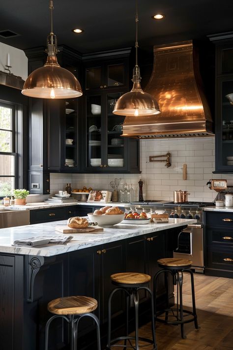 Copper Accents Kitchen, Modern Copper Kitchen, White Cabinets Black Granite, Sink Light Fixture, Copper Kitchen Accents, Black And Copper Kitchen, Copper Appliances, Black And Grey Kitchen, Copper Light Fixture