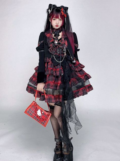 Bows Ruffles Plaid Red Red Alternative Dress, Egirl Fashion, Japan Fashion Street, Lolita Outfits, Flounce Skirt, Plaid Bow, Alt Fashion, Japanese Street Fashion, Tier Skirt