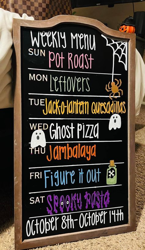 Dinner Menu Board, Halloween Chalkboard Art, Menu Board Diy, Weekly Menu Boards, Board Themes, Menu Board Design, Halloween Chalkboard, Chalkboard Calendar, 2024 Ideas