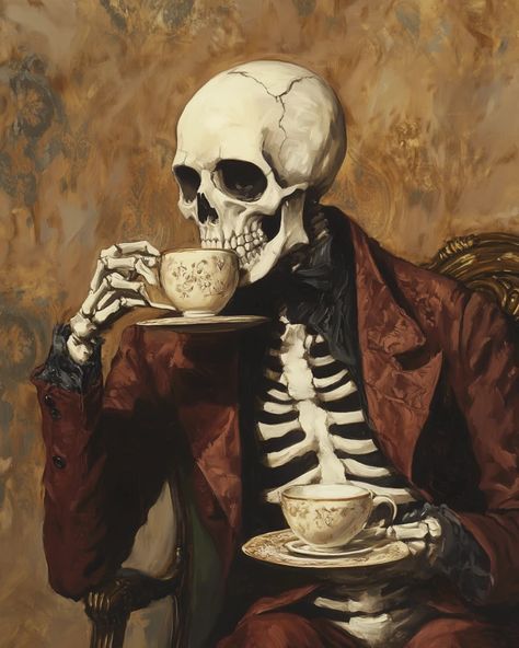 Skeleton With Coffee, Vinyl Art Paint, Creepy Vintage, Burgundy Jacket, Alone Photography, Quirky Decor, Occult Art, A Skeleton, Cool Wallpapers Cartoon